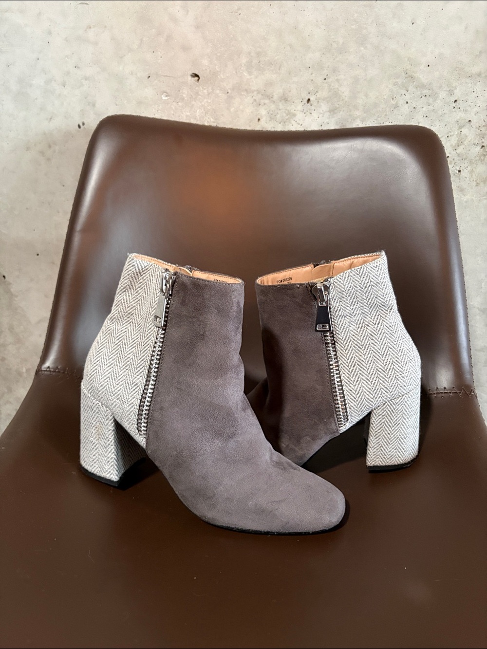 Journee Collection Gray Suede & Herringbone Ankle Boots